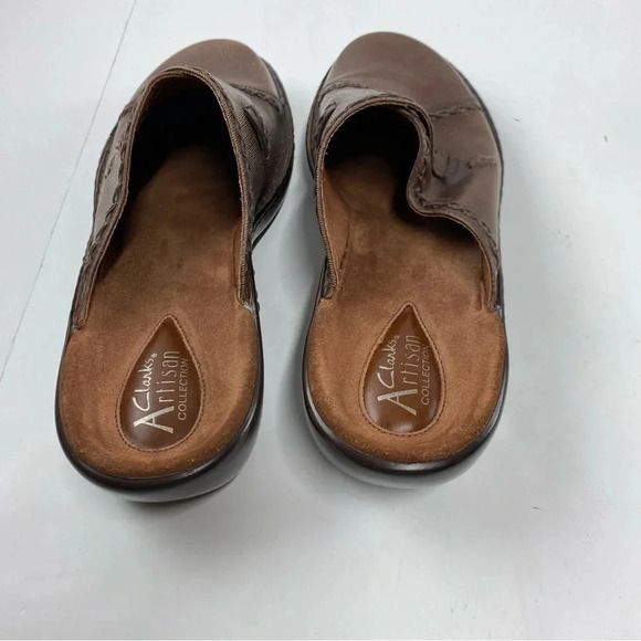 Clarks Artisan Womens 9 Brown Leather Slip On Mules Open Back - Picture 2 of 7